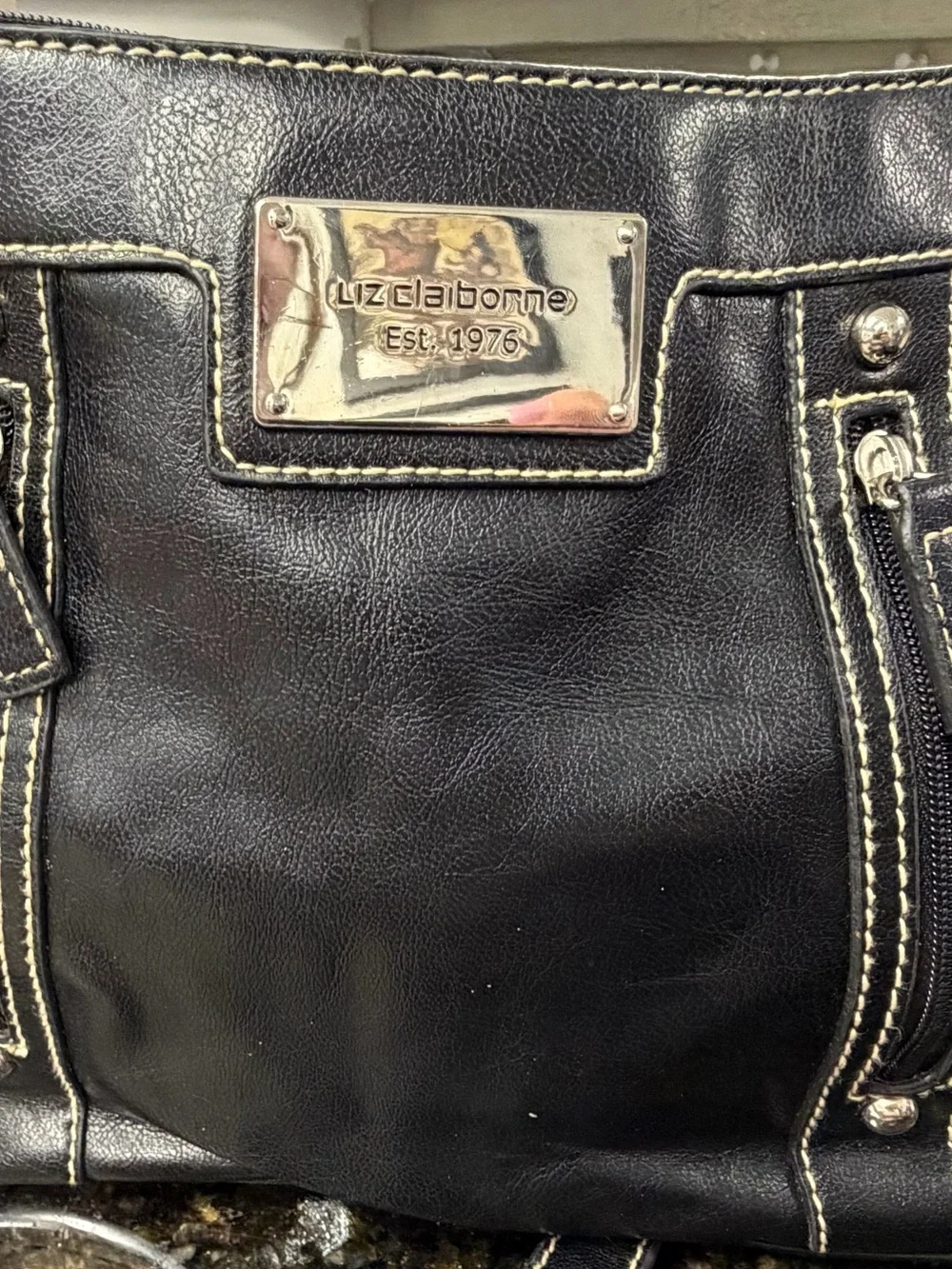 Liz Claiborne Black Leather Crossbody with Contrast Stitching
